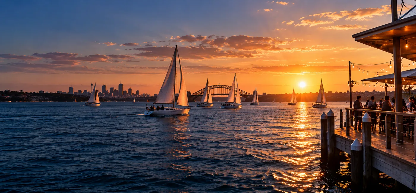 Illustrative Sydney Harbour at sunset